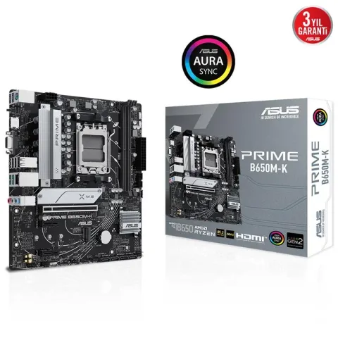Asus Prime B650M-K DDR5 6400MHZ 1XVGA 1XHDMI 2XM.2 USB 3.2 MATX AM5 (AMD AM5 9000/8000/7000 Serileri ile Uyumlu)
