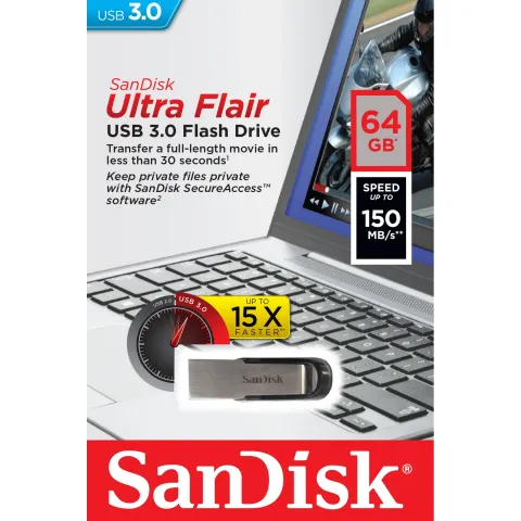 64 GB SanDisk Flair USB130MB/S SDCZ73-064G-G46 USB 3.0 Metal USB Bellek