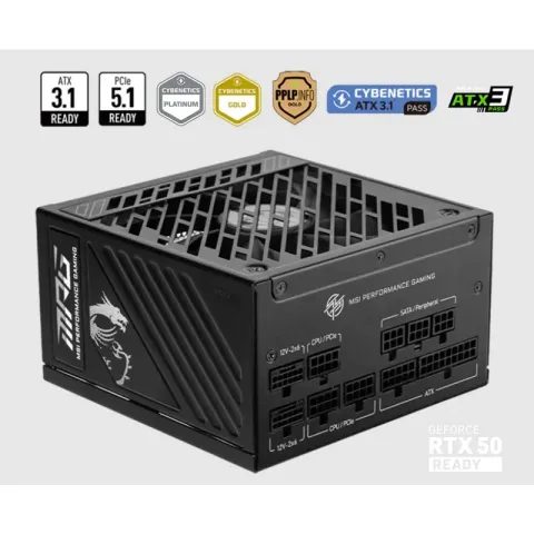 MSI PSU Mpg A1250GS PCIE5 1250W 80+ Gold ATX 3.1 PCIe 5.1 2X 12V-2X6 Power Supply