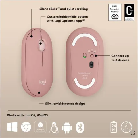 Logitech Pebble 2 M350S Kablosuz Bluetooth Sessiz Optik Mouse Pembe 910-007014