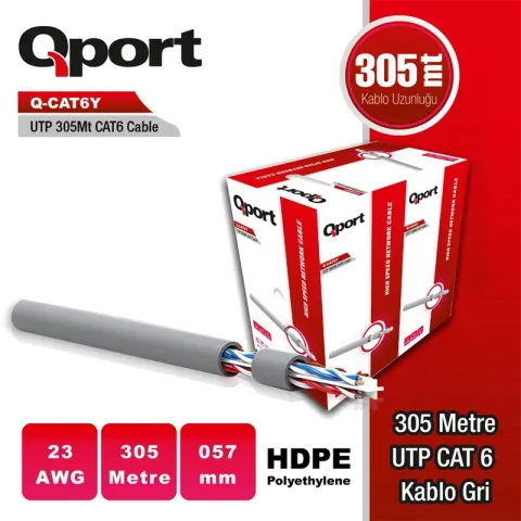 Qport Q-CAT6Y 305M UTP 0,57MM CAT6 23 AWG Gri Kablo