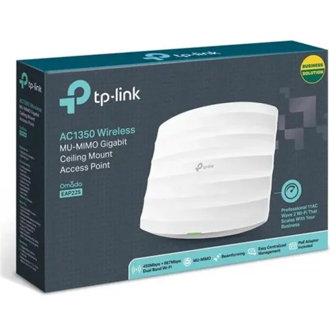 TP-Link Omada EAP225 AC1350 Dual Band Wi-Fi 1XGBIT RJ45 450MBPS/2.4GHZ Tavan Tipi Access Point (PoE Adaptörü Dahil)