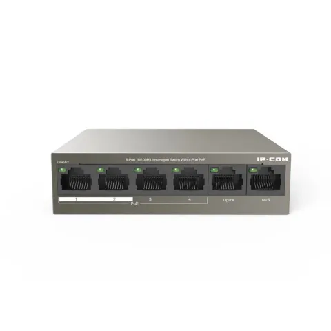 IP-Com F1106P-4-63W 4 Port 10/100+2X10/100 Uplink Metal Kasa 58W PoE Switch
