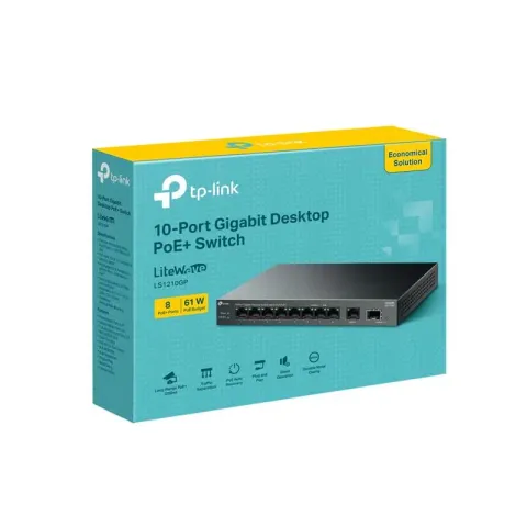 TP-Link LS1210GP 8 Port Gigabit + 1XRJ45/1XSFP Uplink 61W 250 Metre PoE Mesafe Metal Kasa