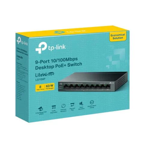 TP-Link LS109P 8 Port 10/100 +1 Port RJ45 Uplink 63W 250 Metre PoE Mesafe Metal Kasa Switch