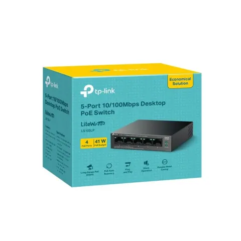 TP-Link LS105LP 4 Port 10/100 +1 Port RJ45 Uplink 41W 250 Metre PoE Mesafe Metal Kasa Switch
