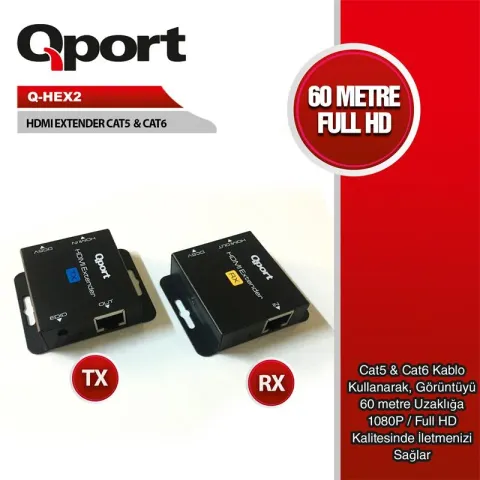 Qport Q-HEX2 HDMI Extender CAT6 60M 2 li Paket (Adaptör Dahil)