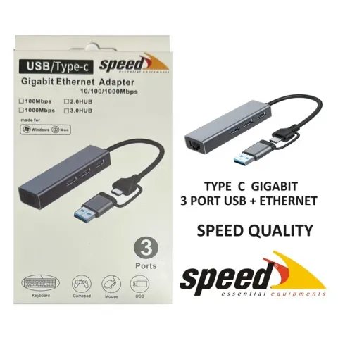 Speed SP-UET01 USB3.0/TYPE-C 3 Port USB 3.0 Çoklayıcı Gigabit Ethernet Dönüştürücü