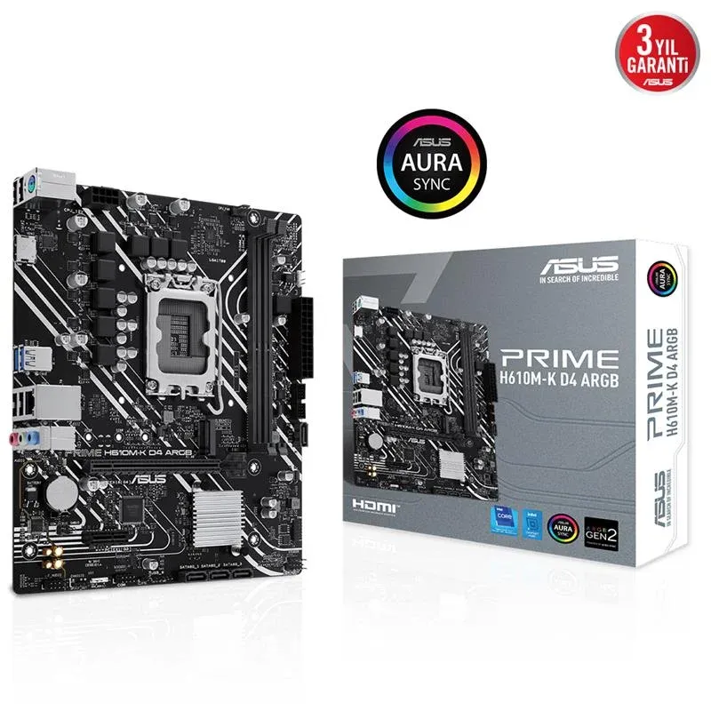 Asus Prime H610M-K D4 Argb DDR4 3200MHZ 1XHDMI 1XM.2 USB 3.2 MATX 1700P (12. / 13. ve 14. Nesil İşlemci Uyumlu)