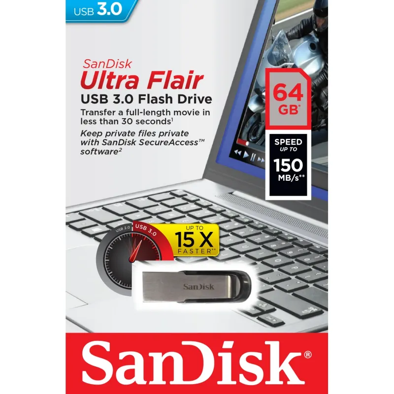 64 GB SanDisk Flair USB130MB/S SDCZ73-064G-G46 USB 3.0 Metal USB Bellek