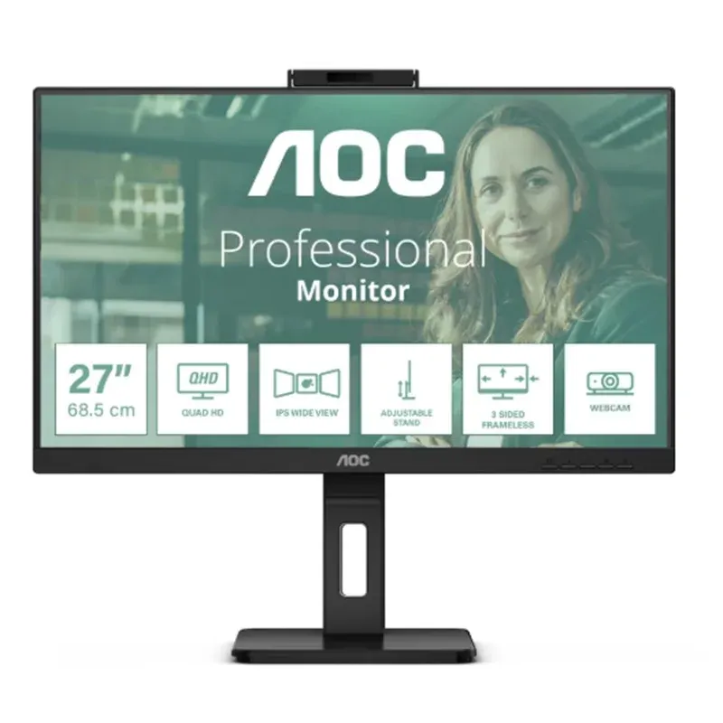 27 Aoc Q27P3QW IPS 4MS 75HZ 2XHDMI 1XDP QHD 2560X1440 USB3.2 Hoparlör Webcam Çerçevesiz Pivot VESA Siyah