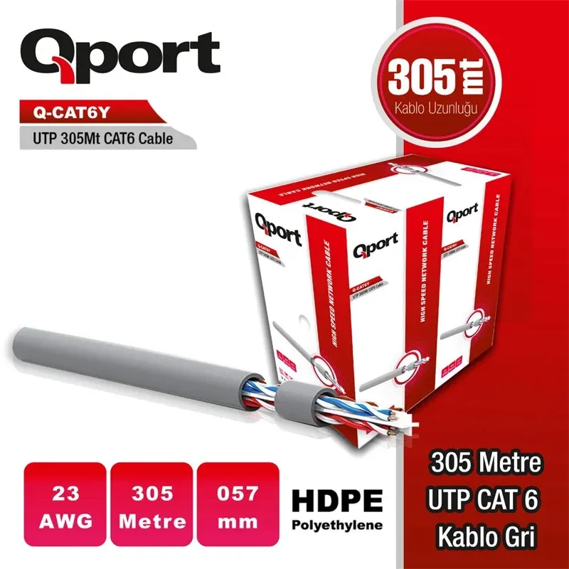 Qport Q-CAT6Y 305M UTP 0,57MM CAT6 23 AWG Gri Kablo