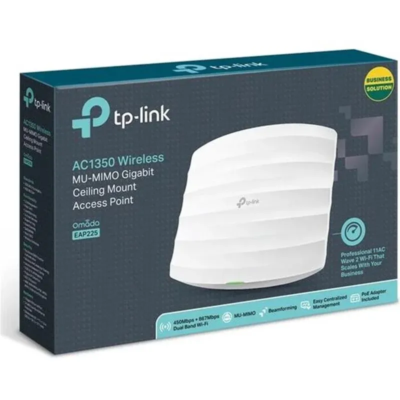 TP-Link Omada EAP225 AC1350 Dual Band Wi-Fi 1XGBIT RJ45 450MBPS/2.4GHZ Tavan Tipi Access Point (PoE Adaptörü Dahil)