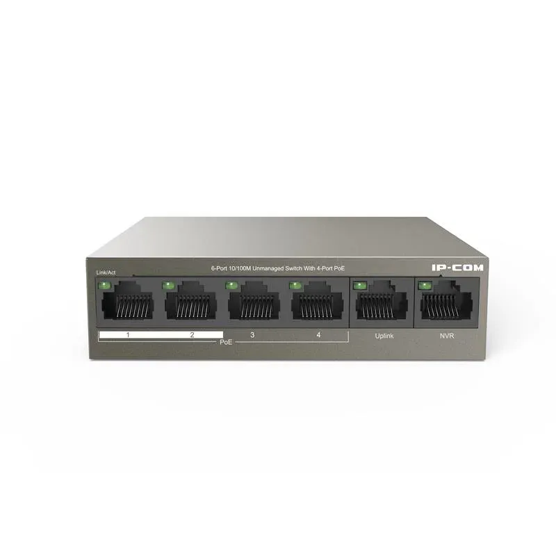 IP-Com F1106P-4-63W 4 Port 10/100+2X10/100 Uplink Metal Kasa 58W PoE Switch