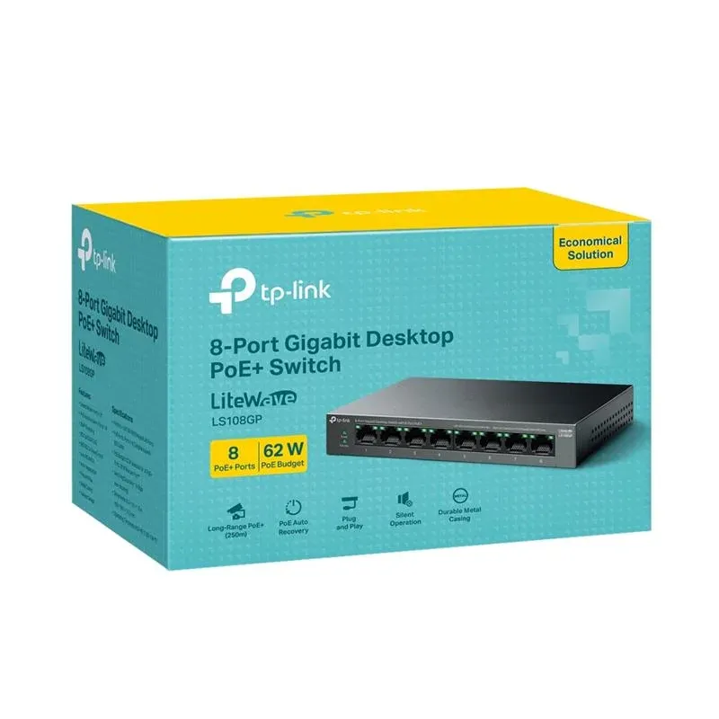 TP-Link LS108GP 8 Port Gigabit + RJ45 62W 250 Metre PoE Mesafe Metal Kasa