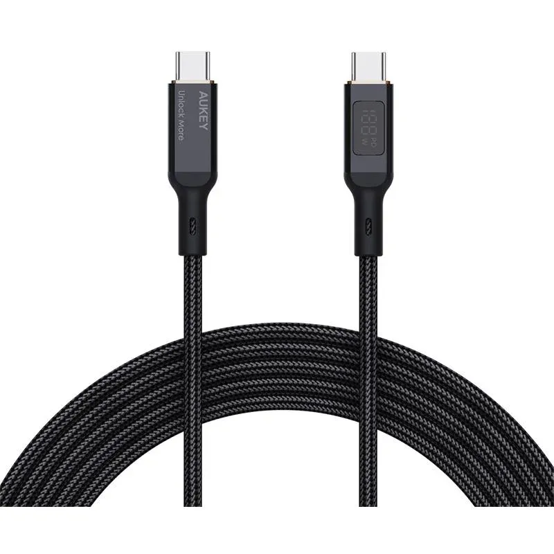 Aukey CB-MCC102-BK 100W Naylon Örgülü 5A 480MBPS Type-C Type-C LCD Ekranlı Kablo 1.8MT