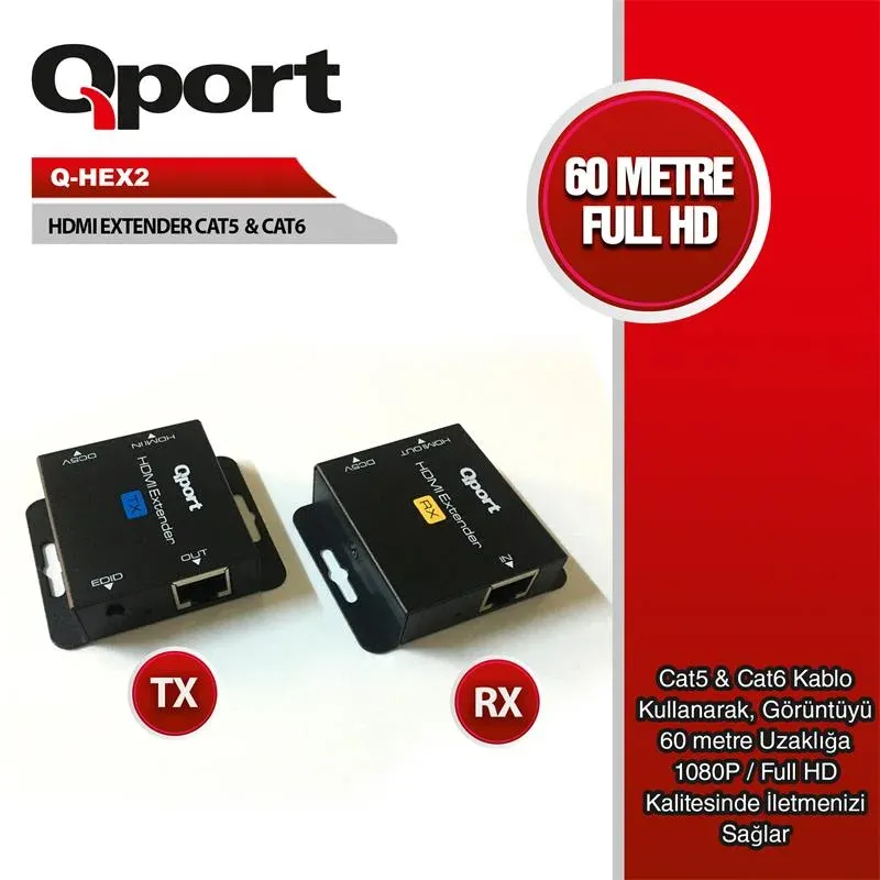 Qport Q-HEX2 HDMI Extender CAT6 60M 2 li Paket (Adaptör Dahil)
