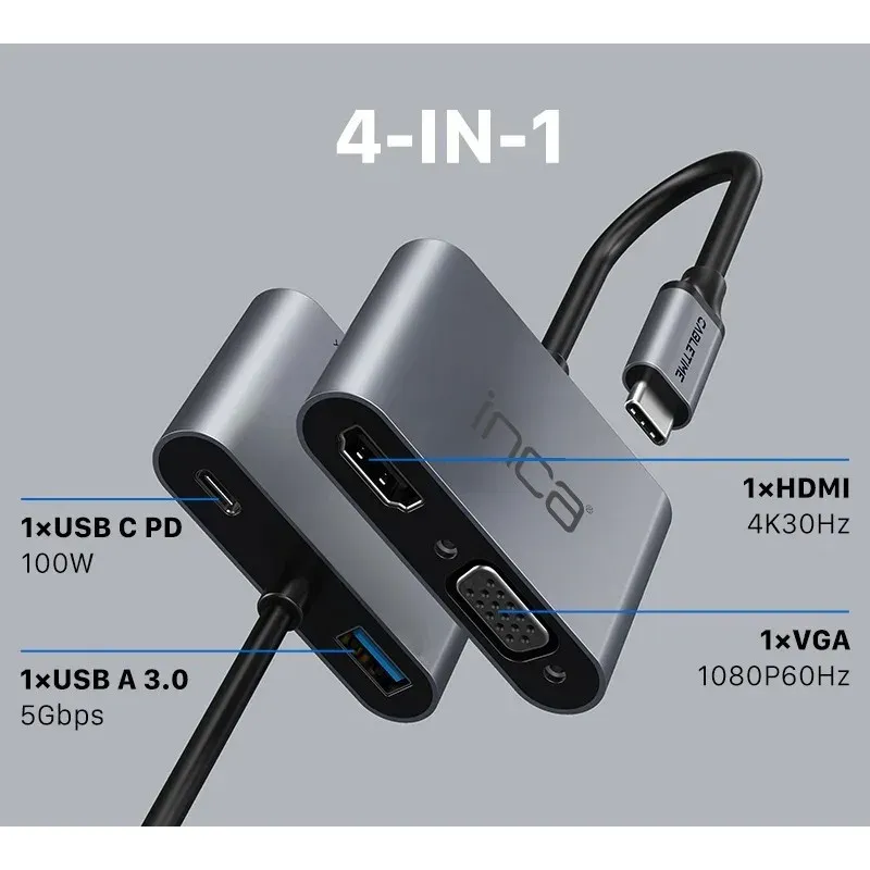 Inca ITPC-06T TYPE-C Hub X4 HDMI 4K@30 Hz+ VGA+ USB 3.0+PD 100W ALUMINYUM Kasa Çoklayıcı