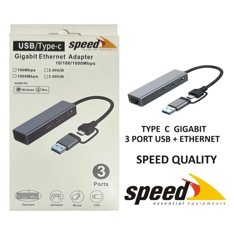 Speed SP-UET01 USB3.0/TYPE-C 3 Port USB 3.0 Çoklayıcı Gigabit Ethernet Dönüştürücü
